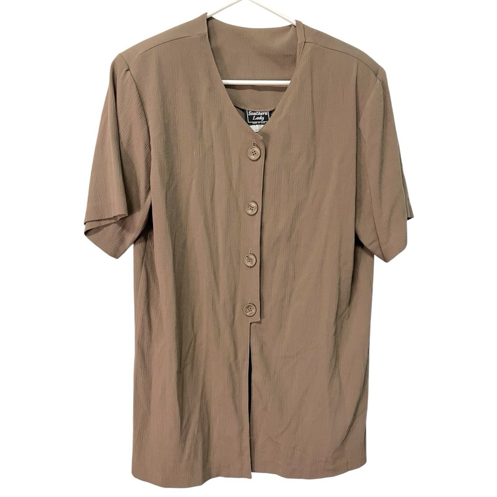 Southern Lady 12 Brown Short Sleeve Blouse Button Front Textured V-Neck Vintage